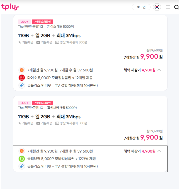 [lgu알뜰폰] 매달 5천원 올영쿠폰 받는 71GB+3Mbps 7개월 ( 9,900원 /무료 ) - 